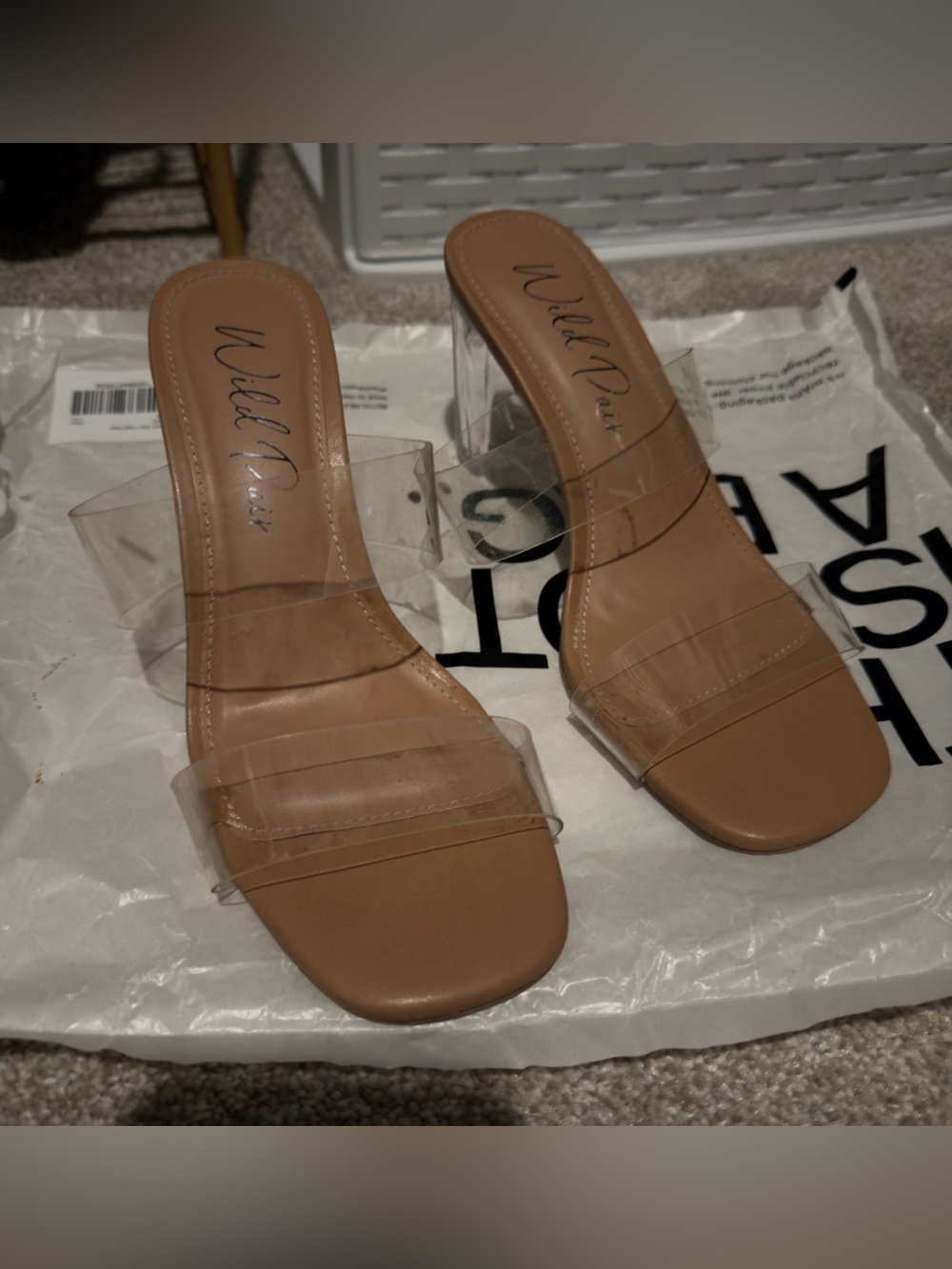 Wild Pair Tan Slide Heels with Clear PVC Straps